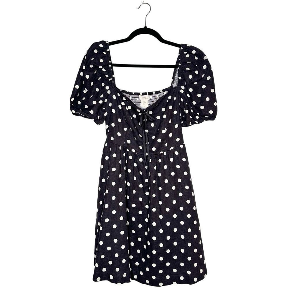 Camila Coelho Puff Sleeve Polka Dot Mini Dress Linen Women's Black Size Medium